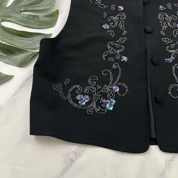 Carole Little Womens Vintage 90s Beaded Vest Size 14 Black Purple Floral Sequins - Picture 4 of 10